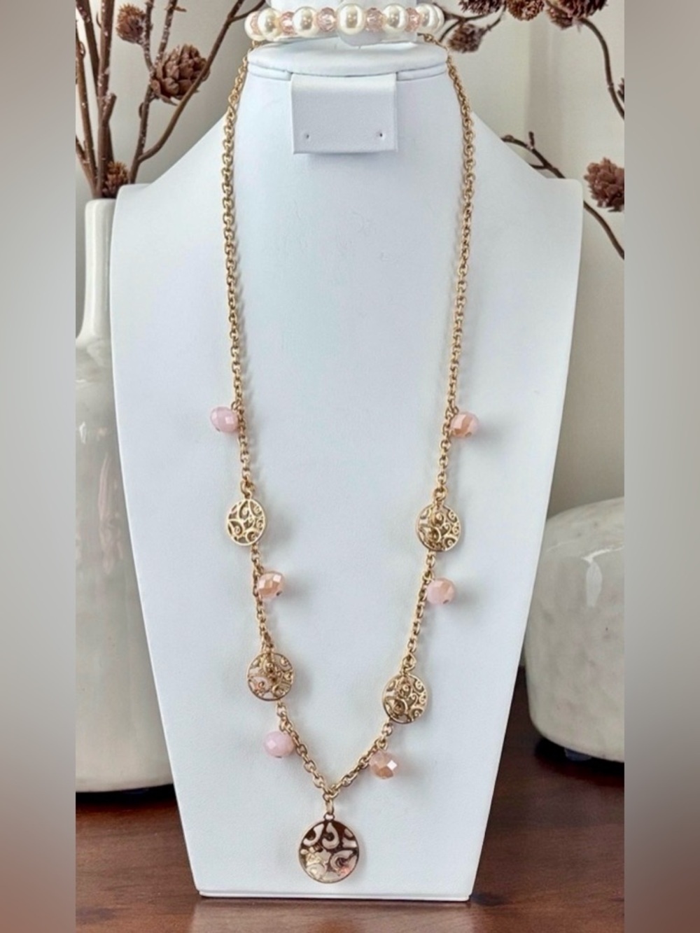 Laura Ford Filagree Goldtone cutout circle pendants,acrylic beveled pink beads